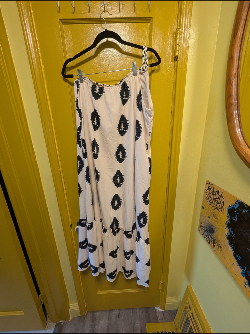 Sleeveless Ivory Midi Dress with Black Ikat Print w/ Pockets